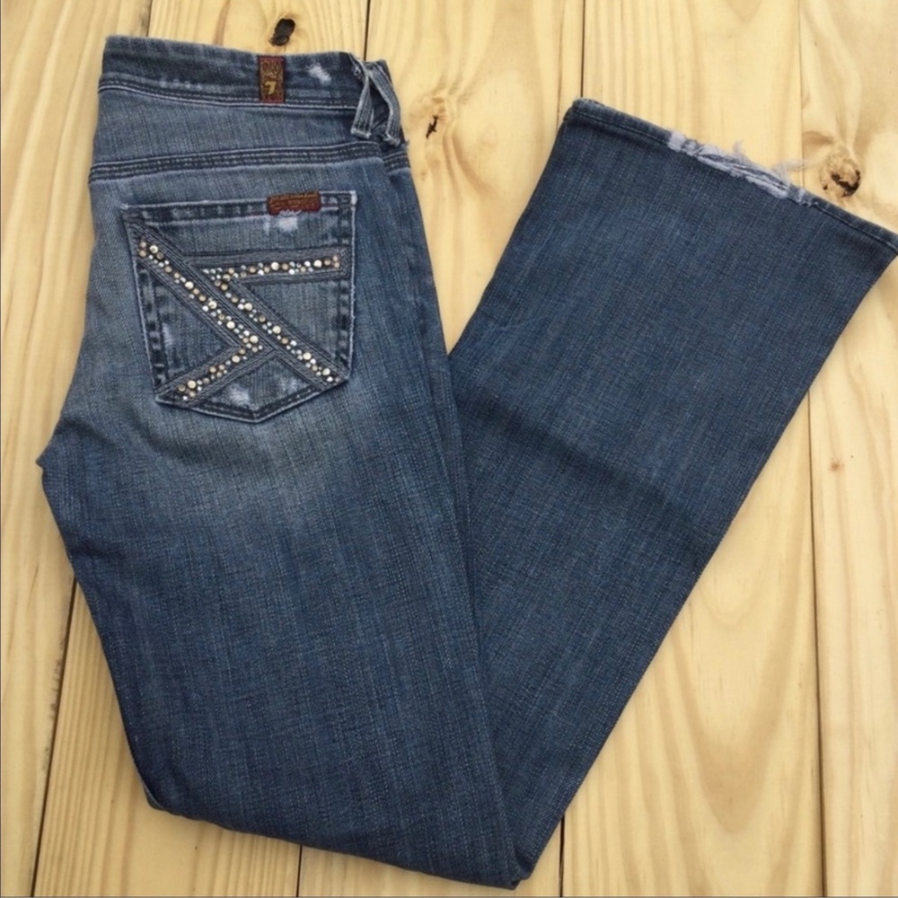 7 For All Mankind Flynit Distressed Boot Cut Jeans Size 24